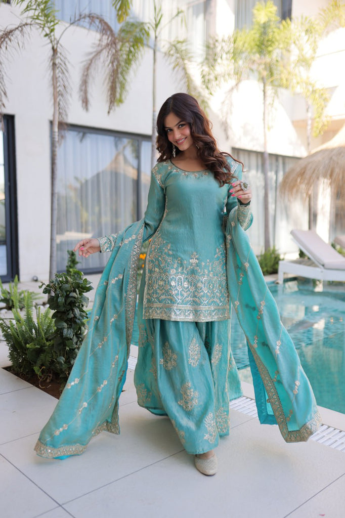 Sky Blue Crush Embroidered Kurti Sharara Set ClothsVilla