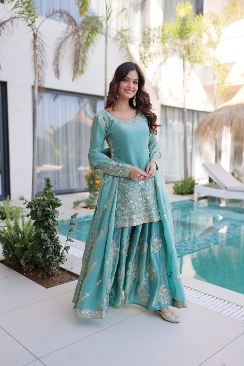 Sky Blue Crush Embroidered Kurti Sharara Set ClothsVilla