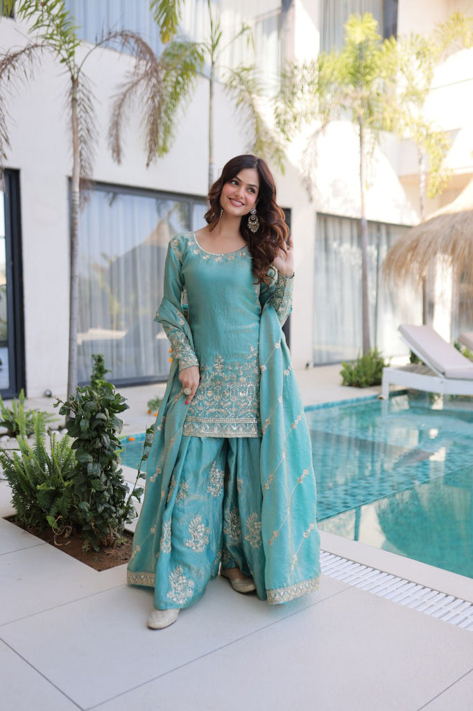 Sky Blue Crush Embroidered Kurti Sharara Set ClothsVilla