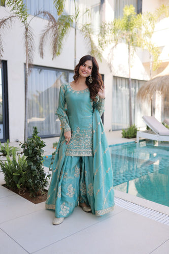 Sky Blue Crush Embroidered Kurti Sharara Set ClothsVilla