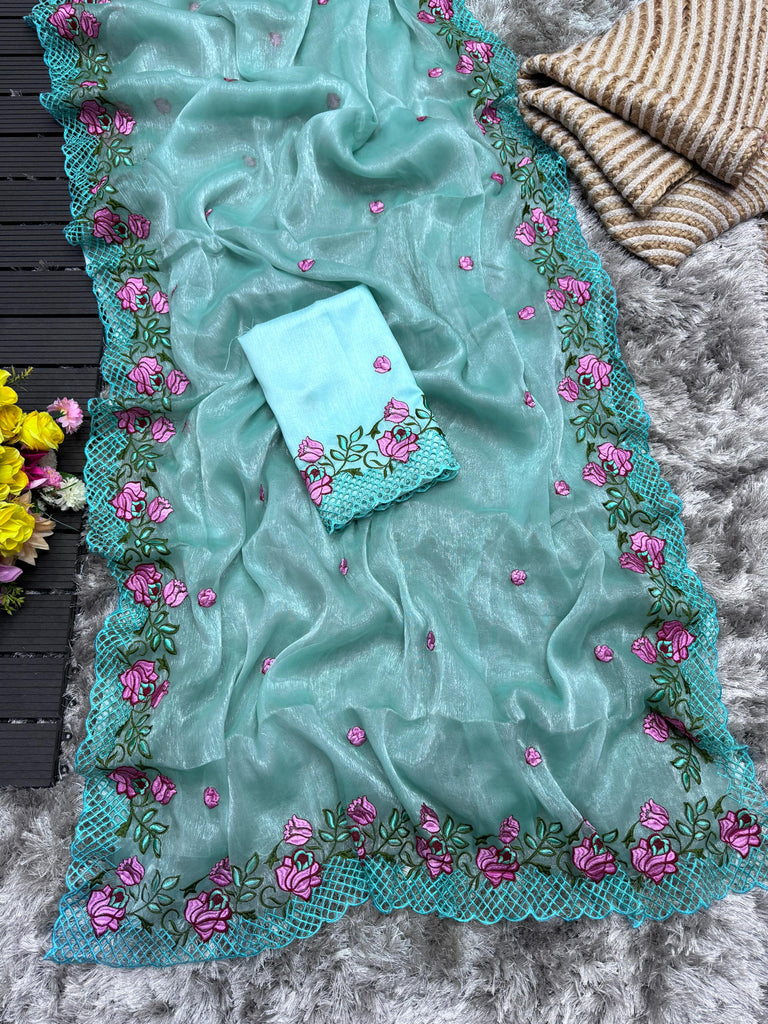 Sky Blue Crush Silk Saree with Intricate Floral Embroidery & Matching Blouse ClothsVilla