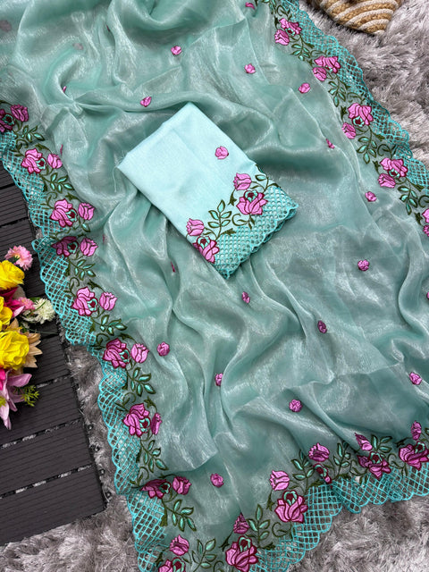 Sky Blue Crush Silk Saree with Intricate Floral Embroidery & Matching Blouse ClothsVilla Main image