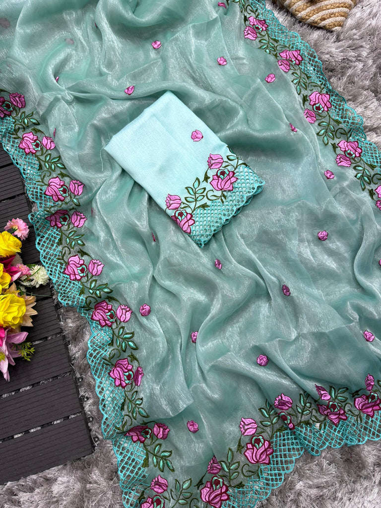 Sky Blue Crush Silk Saree with Intricate Floral Embroidery & Matching Blouse ClothsVilla