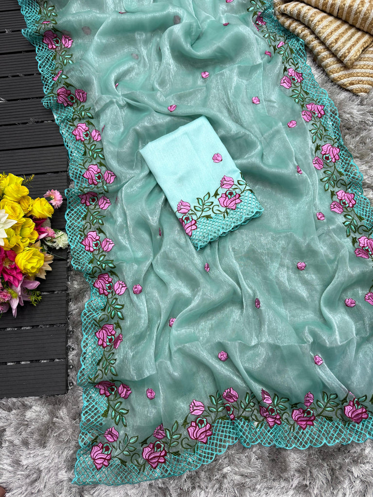 Sky Blue Crush Silk Saree with Intricate Floral Embroidery & Matching Blouse ClothsVilla