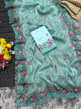 Load image into Gallery viewer, Sky Blue Crush Silk Saree with Intricate Floral Embroidery &amp; Matching Blouse ClothsVilla