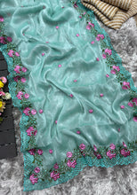 Load image into Gallery viewer, Sky Blue Crush Silk Saree with Intricate Floral Embroidery &amp; Matching Blouse ClothsVilla