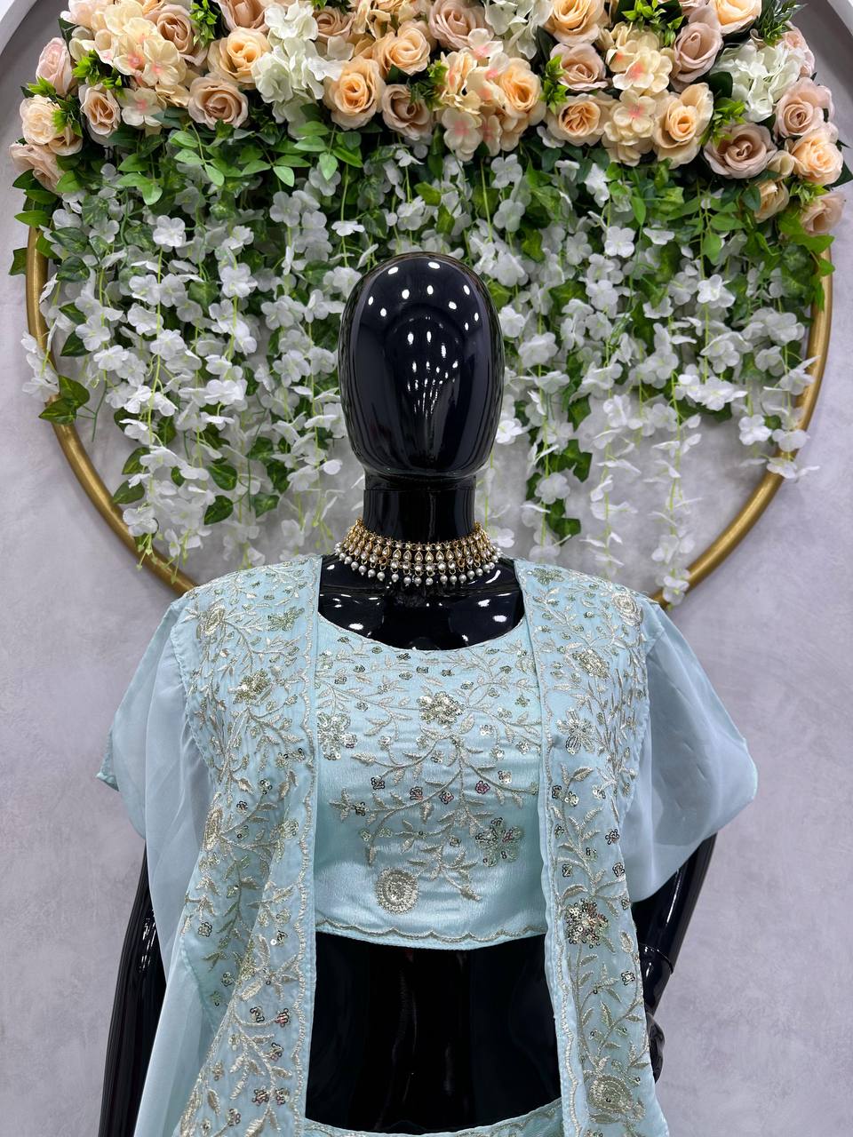 Sky Blue Designer Chinon Semi-Stitched Lehenga Set with Elegant Tabby Organza Shrug ClothsVilla