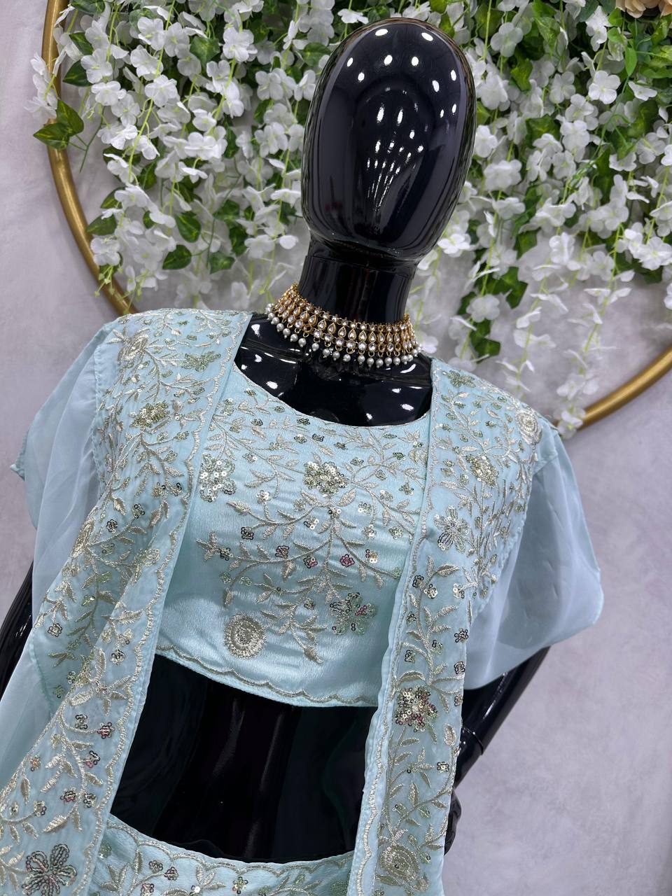 Sky Blue Designer Chinon Semi-Stitched Lehenga Set with Elegant Tabby Organza Shrug ClothsVilla