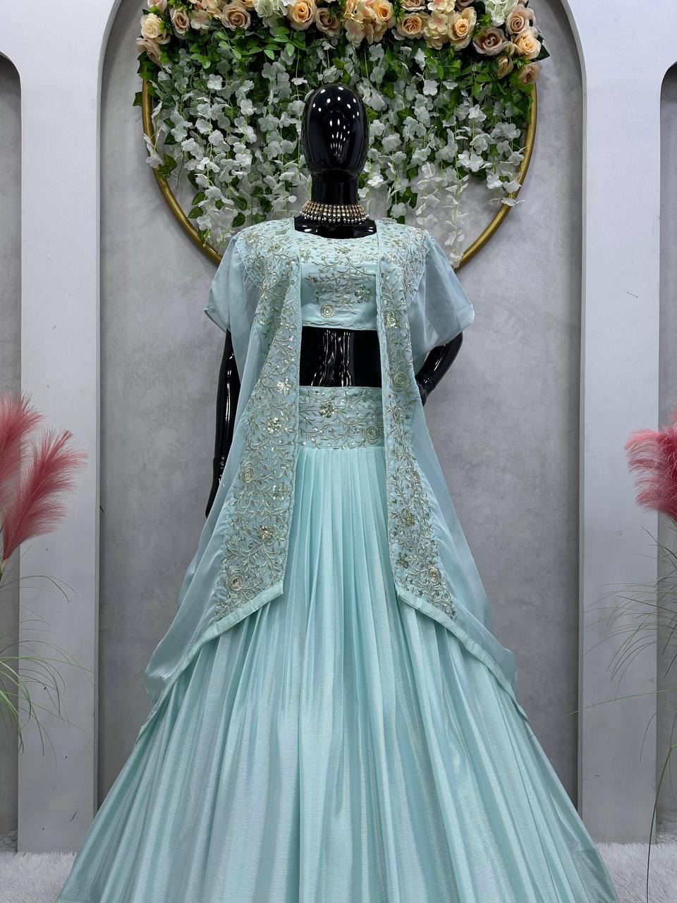 Sky Blue Designer Chinon Semi-Stitched Lehenga Set with Elegant Tabby Organza Shrug ClothsVilla