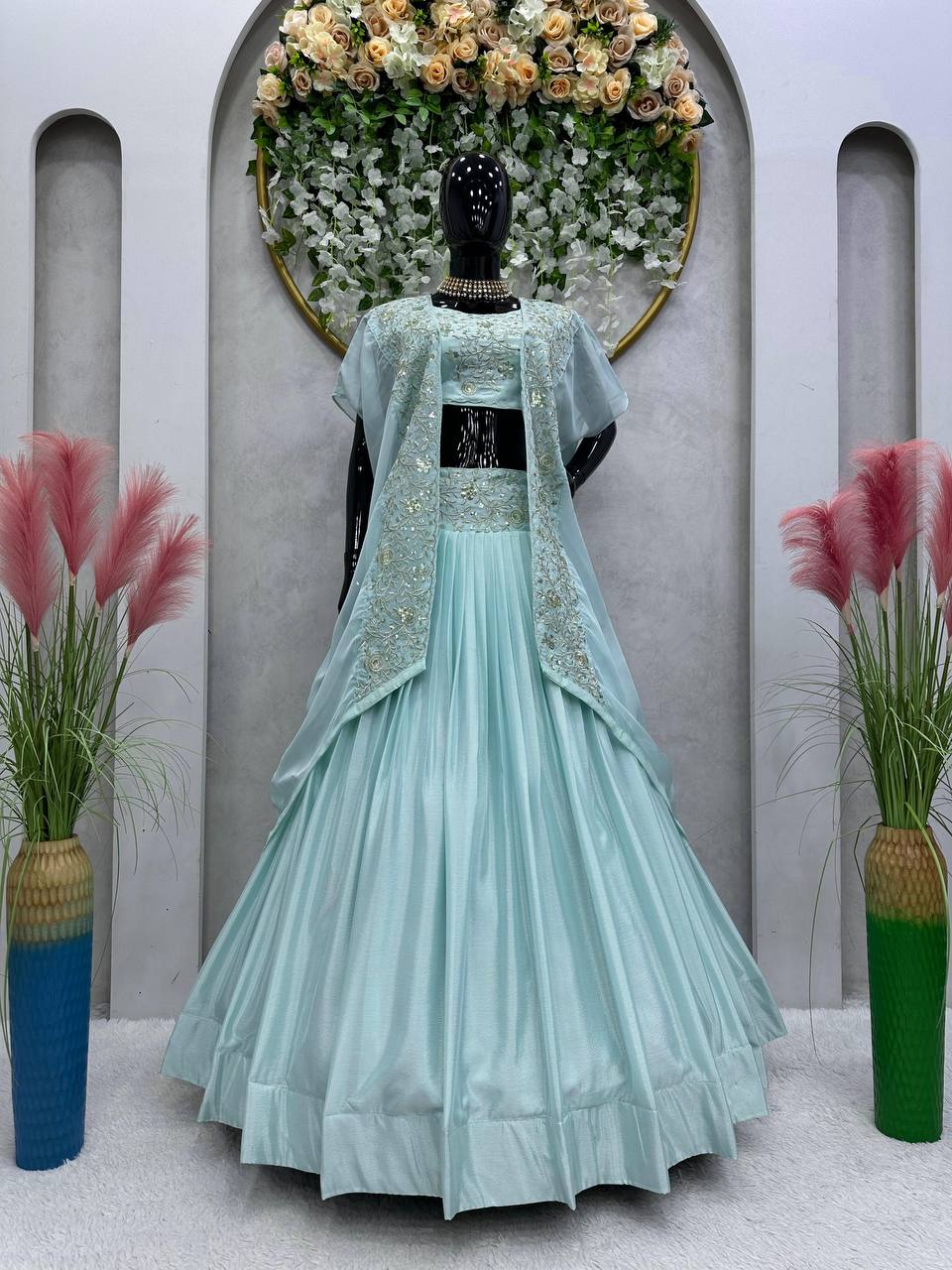 Sky Blue Designer Chinon Semi-Stitched Lehenga Set with Elegant Tabby Organza Shrug ClothsVilla
