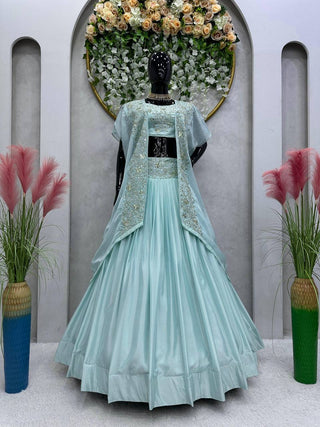 Sky Blue Designer Chinon Semi-Stitched Lehenga Set with Elegant Tabby Organza Shrug ClothsVilla