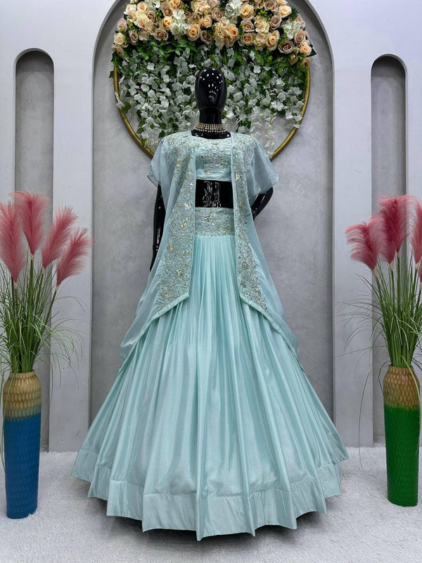 Sky Blue Designer Chinon Semi-Stitched Lehenga Set with Elegant Tabby Organza Shrug ClothsVilla