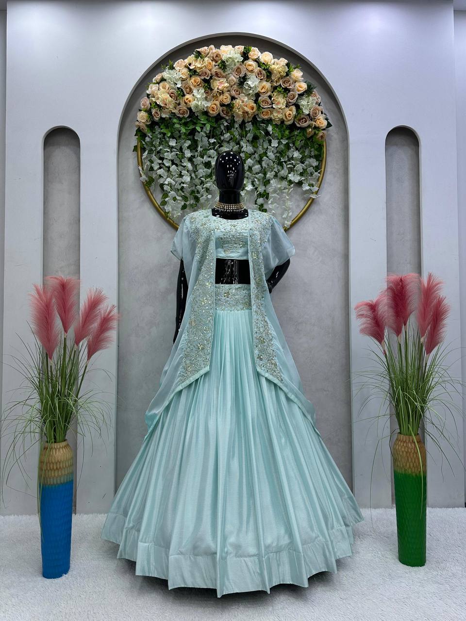 Sky Blue Designer Chinon Semi-Stitched Lehenga Set with Elegant Tabby Organza Shrug ClothsVilla