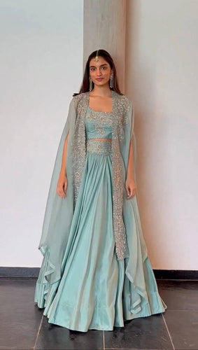 Sky Blue Designer Chinon Semi-Stitched Lehenga Set with Elegant Tabby Organza Shrug ClothsVilla