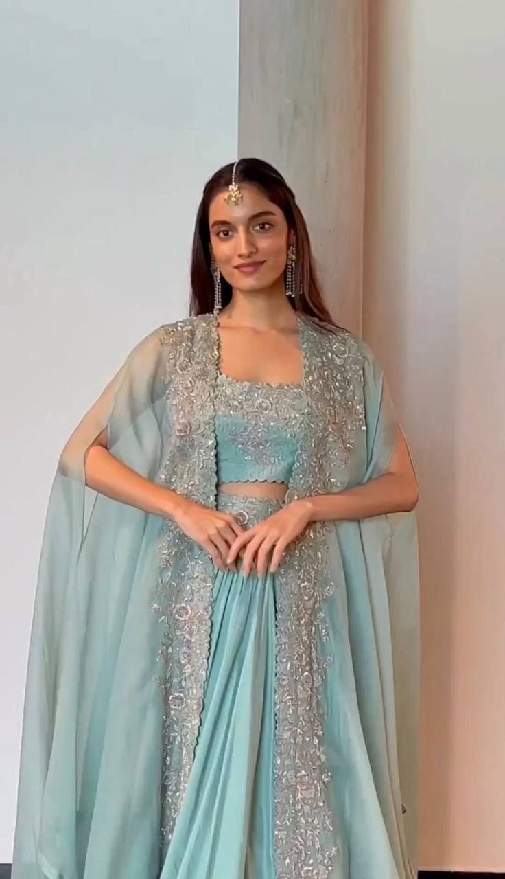 Sky Blue Designer Chinon Semi-Stitched Lehenga Set with Elegant Tabby Organza Shrug ClothsVilla