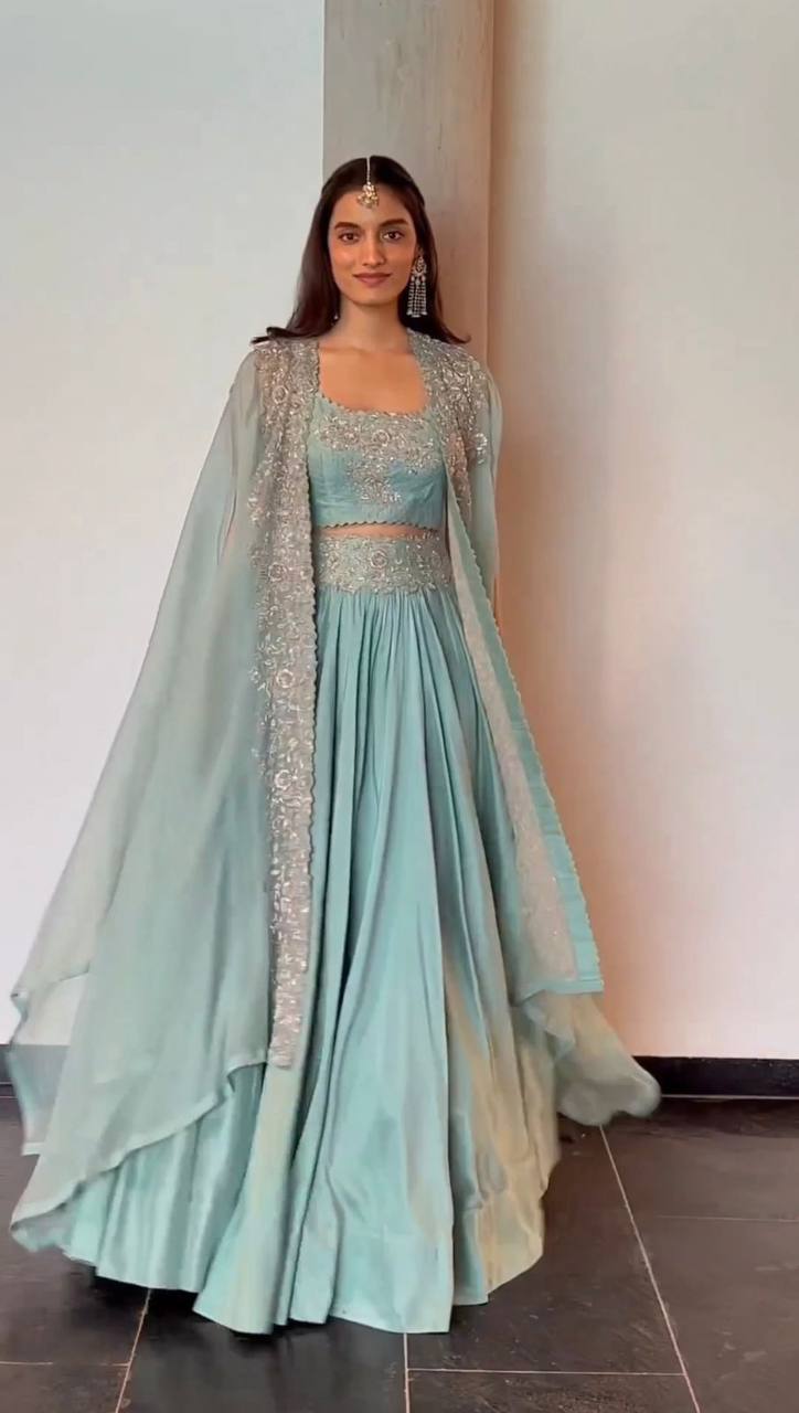 Sky Blue Designer Chinon Semi-Stitched Lehenga Set with Elegant Tabby Organza Shrug ClothsVilla