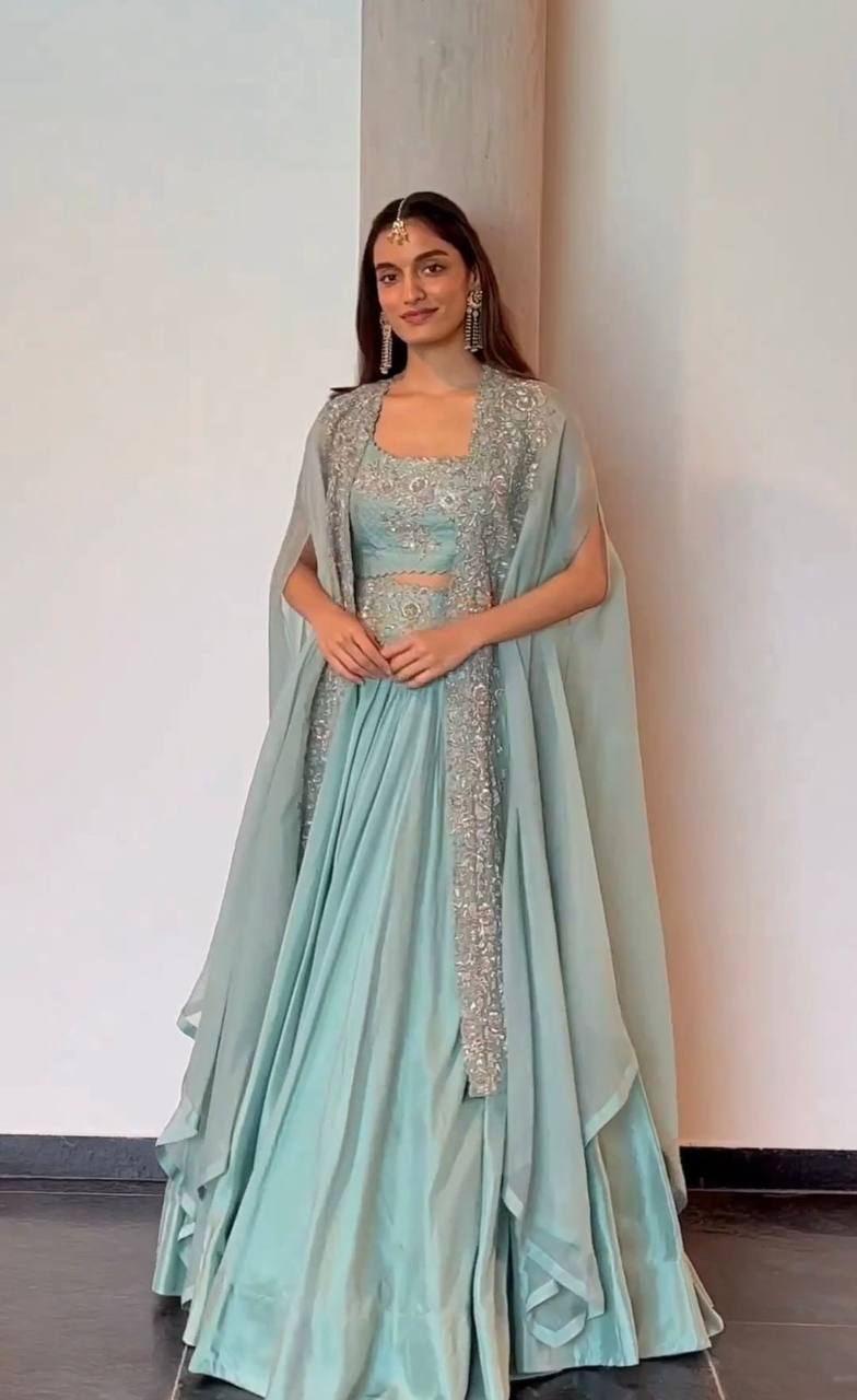 Sky Blue Designer Chinon Semi-Stitched Lehenga Set with Elegant Tabby Organza Shrug ClothsVilla