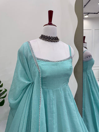 Sky Blue Designer Crunch Silk Hotfix Suit Set with Dupatta | Ready To Wear ClothsVilla