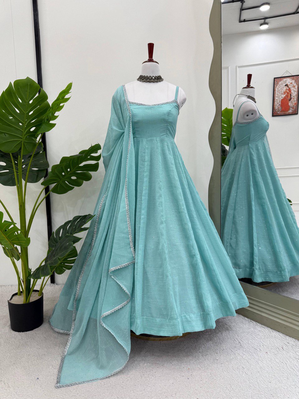 Sky Blue Designer Crunch Silk Hotfix Suit Set with Dupatta | Ready To Wear ClothsVilla