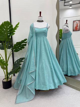 Sky Blue Designer Crunch Silk Hotfix Suit Set with Dupatta | Ready To Wear ClothsVilla