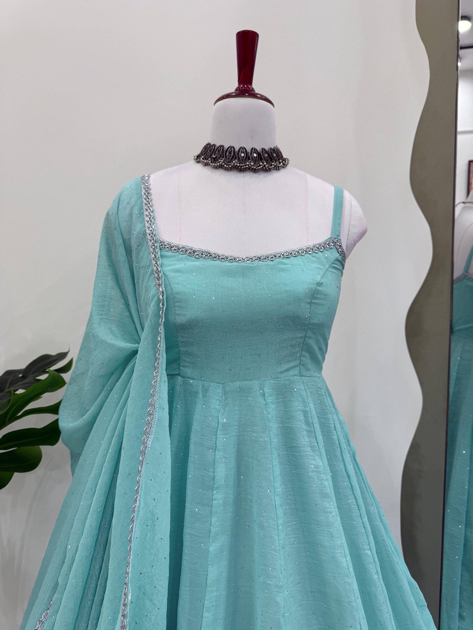Sky Blue Designer Crunch Silk Hotfix Suit Set with Dupatta | Ready To Wear ClothsVilla