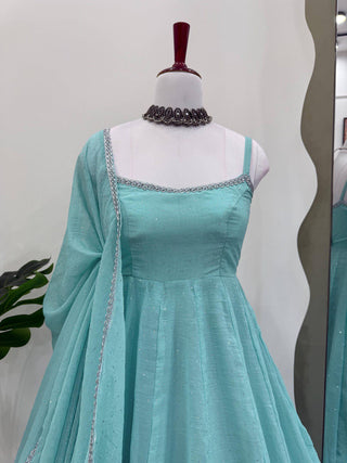 Sky Blue Designer Crunch Silk Hotfix Suit Set with Dupatta | Ready To Wear ClothsVilla