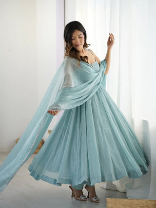 Sky Blue Designer Crunch Silk Hotfix Suit Set with Dupatta | Ready To Wear ClothsVilla