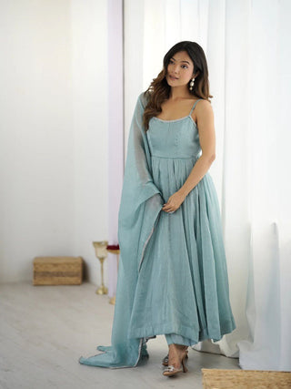 Sky Blue Designer Crunch Silk Hotfix Suit Set with Dupatta | Ready To Wear ClothsVilla