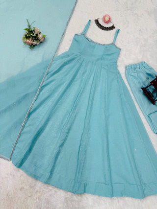 Sky Blue Designer Crunch Silk Hotfix Suit Set with Dupatta | Ready To Wear ClothsVilla