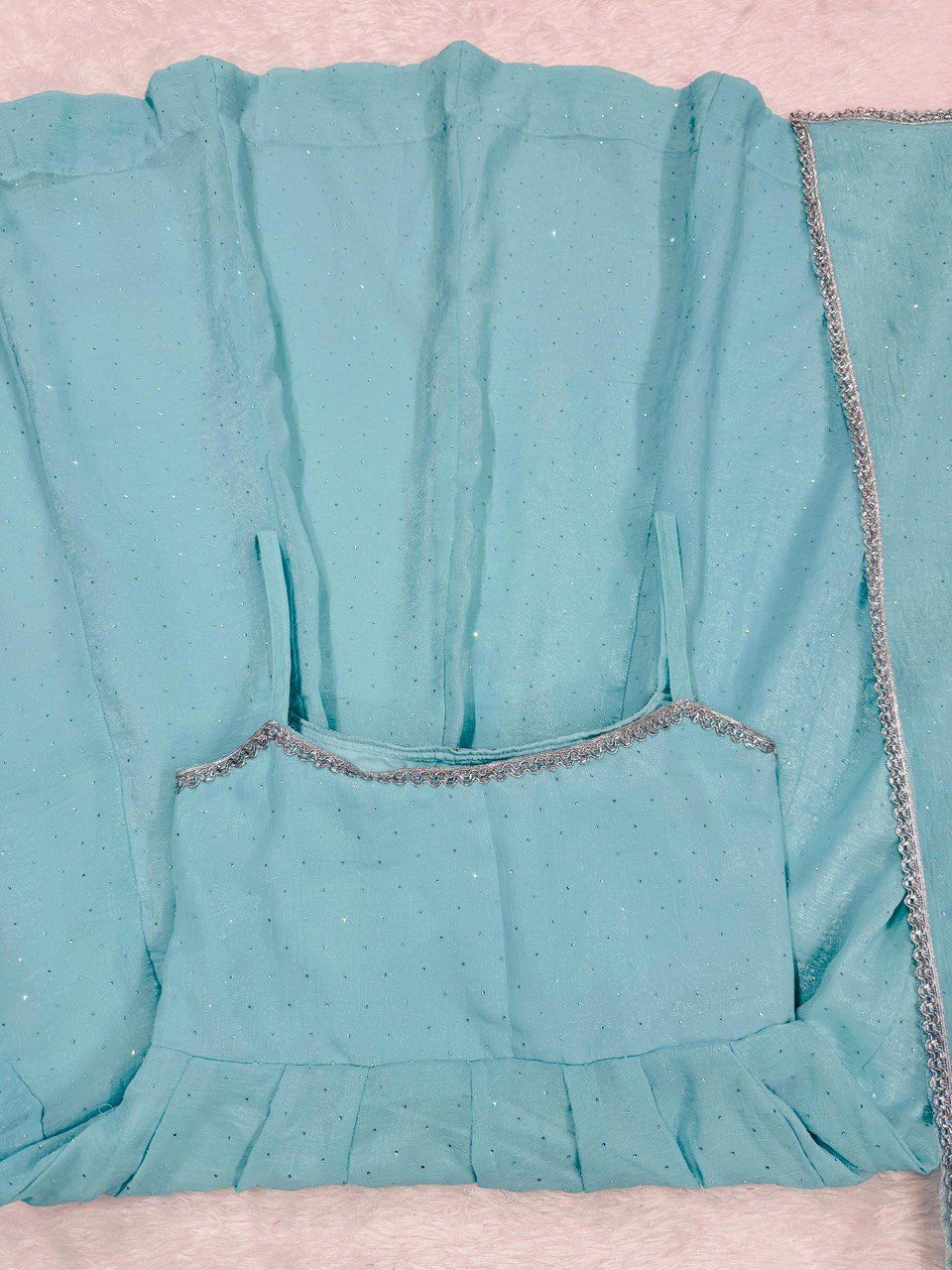 Sky Blue Designer Crunch Silk Hotfix Suit Set with Dupatta | Ready To Wear ClothsVilla