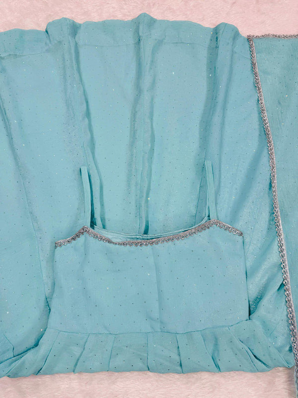 Sky Blue Designer Crunch Silk Hotfix Suit Set with Dupatta | Ready To Wear ClothsVilla
