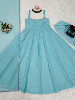 Sky Blue Designer Crunch Silk Hotfix Suit Set with Dupatta | Ready To Wear ClothsVilla