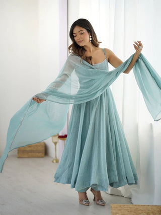 Sky Blue Designer Crunch Silk Hotfix Suit Set with Dupatta | Ready To Wear ClothsVilla