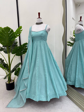 Sky Blue Designer Crunch Silk Hotfix Suit Set with Dupatta | Ready To Wear ClothsVilla