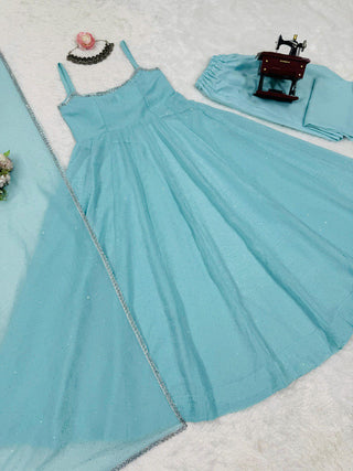 Sky Blue Designer Crunch Silk Hotfix Suit Set with Dupatta | Ready To Wear ClothsVilla