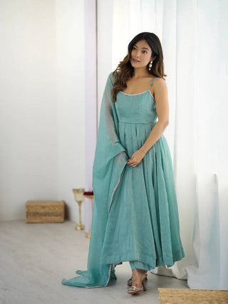 Sky Blue Designer Crunchy Silk Anarkali Set with Swarovski Work & Fancy Lace Dupatta ClothsVilla
