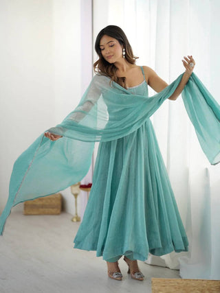 Sky Blue Designer Crunchy Silk Anarkali Set with Swarovski Work & Fancy Lace Dupatta ClothsVilla