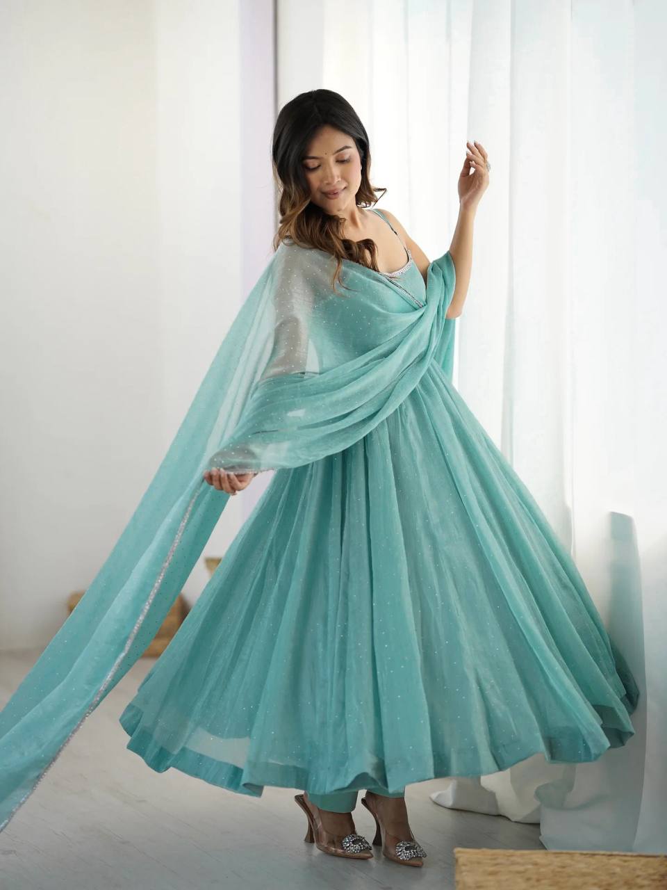 Sky Blue Designer Crunchy Silk Anarkali Set with Swarovski Work & Fancy Lace Dupatta ClothsVilla