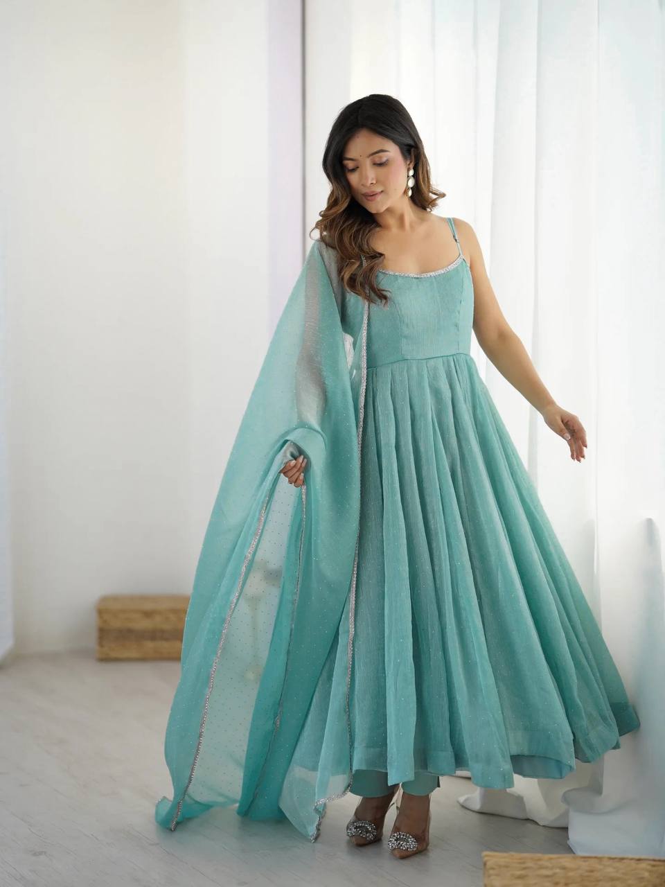 Sky Blue Designer Crunchy Silk Anarkali Set with Swarovski Work & Fancy Lace Dupatta ClothsVilla