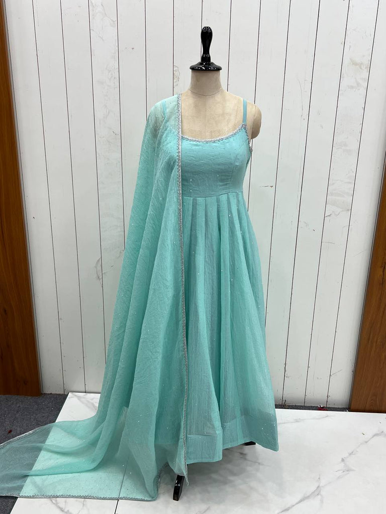 Sky Blue Designer Crunchy Silk Anarkali Set with Swarovski Work & Fancy Lace Dupatta ClothsVilla