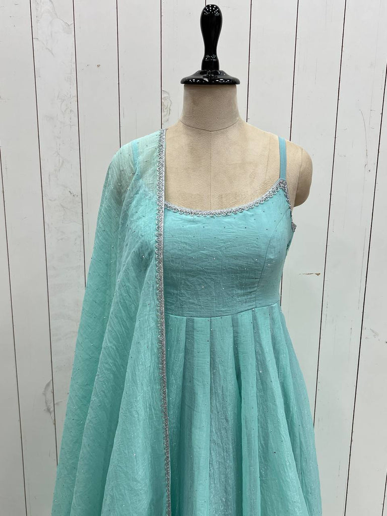 Sky Blue Designer Crunchy Silk Anarkali Set with Swarovski Work & Fancy Lace Dupatta ClothsVilla