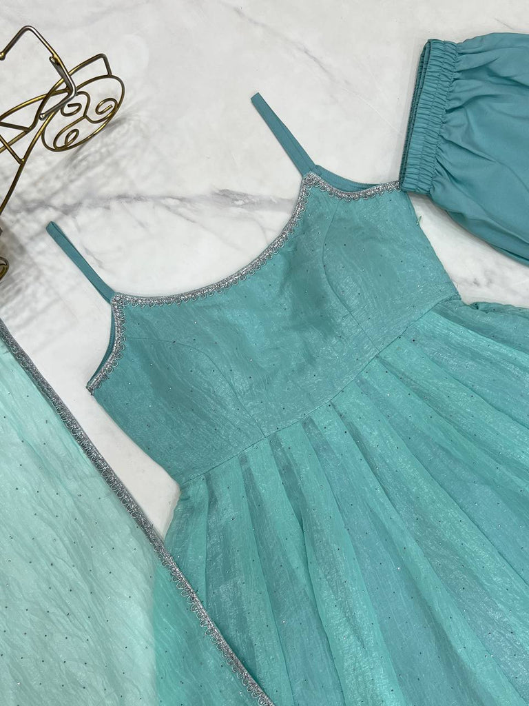 Sky Blue Designer Crunchy Silk Anarkali Set with Swarovski Work & Fancy Lace Dupatta ClothsVilla