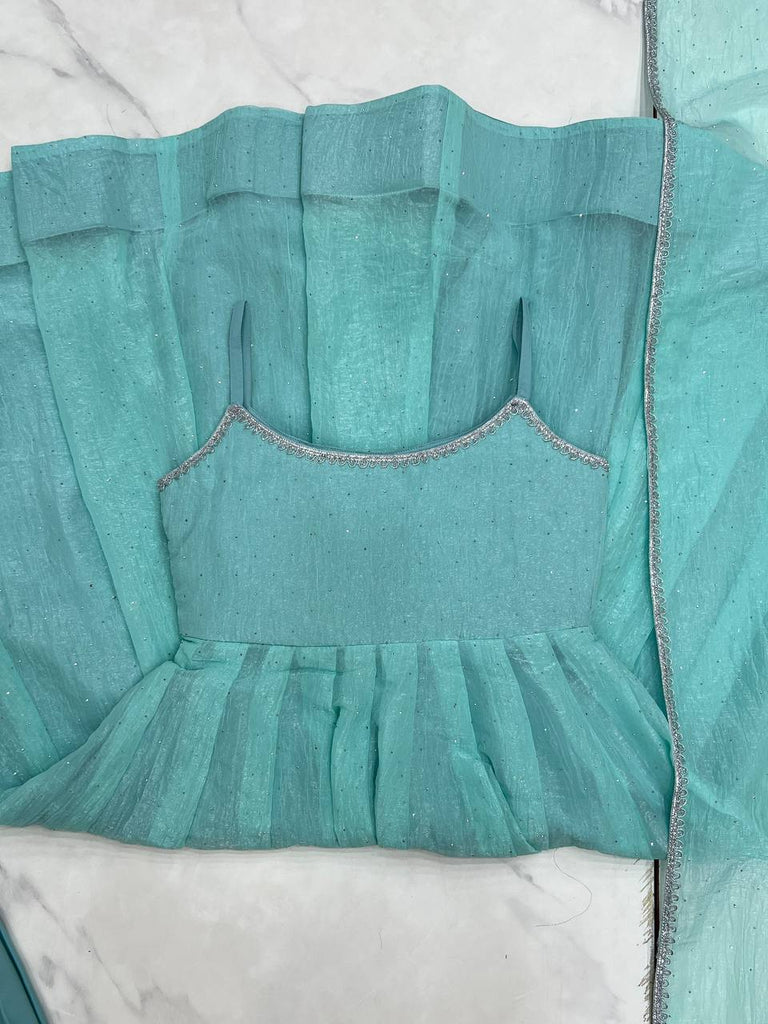 Sky Blue Designer Crunchy Silk Anarkali Set with Swarovski Work & Fancy Lace Dupatta ClothsVilla