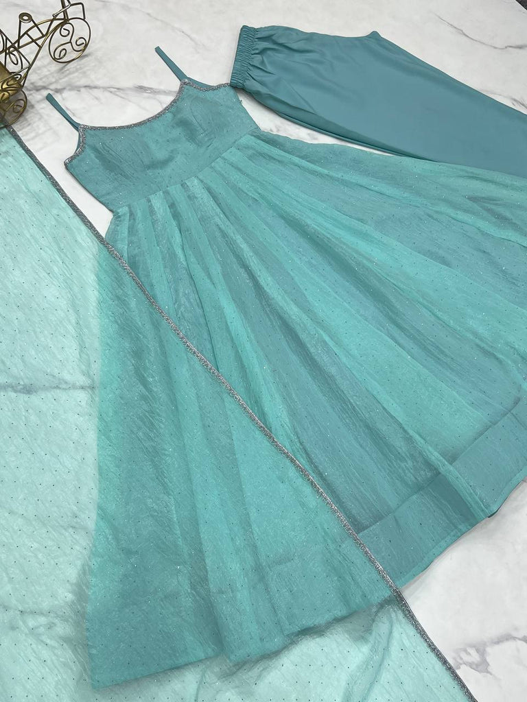 Sky Blue Designer Crunchy Silk Anarkali Set with Swarovski Work & Fancy Lace Dupatta ClothsVilla
