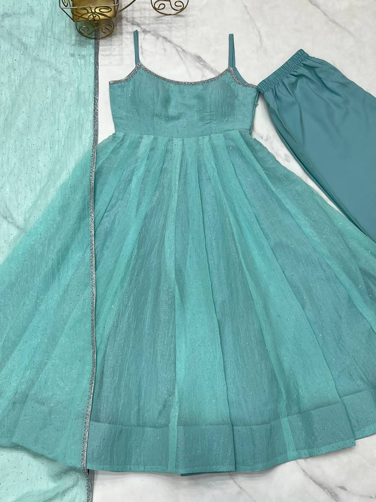 Sky Blue Designer Crunchy Silk Anarkali Set with Swarovski Work & Fancy Lace Dupatta ClothsVilla