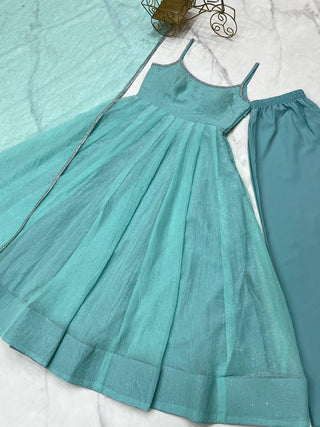 Sky Blue Designer Crunchy Silk Anarkali Set with Swarovski Work & Fancy Lace Dupatta ClothsVilla