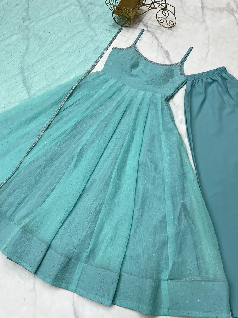 Sky Blue Designer Crunchy Silk Anarkali Set with Swarovski Work & Fancy Lace Dupatta ClothsVilla