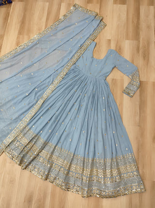 Sky Blue Designer Dusty-Tone Faux Georgette Gown with Embroidery & Sequins Dupatta ClothsVilla