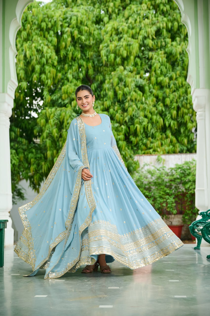 Sky Blue Designer Dusty-Tone Faux Georgette Gown with Embroidery & Sequins Dupatta ClothsVilla Main image
