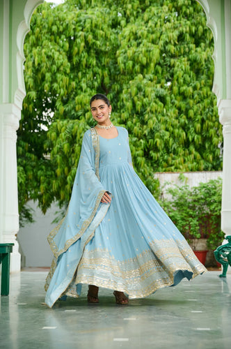 Sky Blue Designer Dusty-Tone Faux Georgette Gown with Embroidery & Sequins Dupatta ClothsVilla
